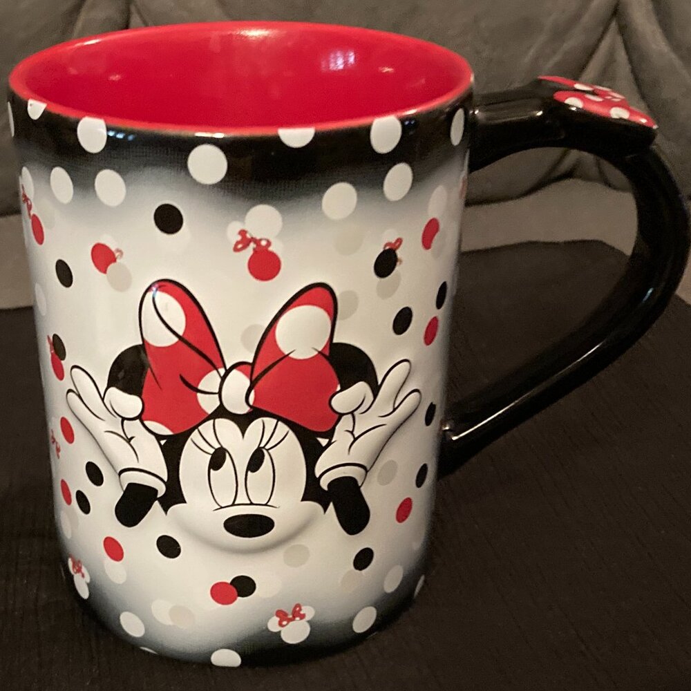 Disney Minnie Mouse Coffee Mug Cup-3D Black/White & Red Polka-Hair Bow on Handle